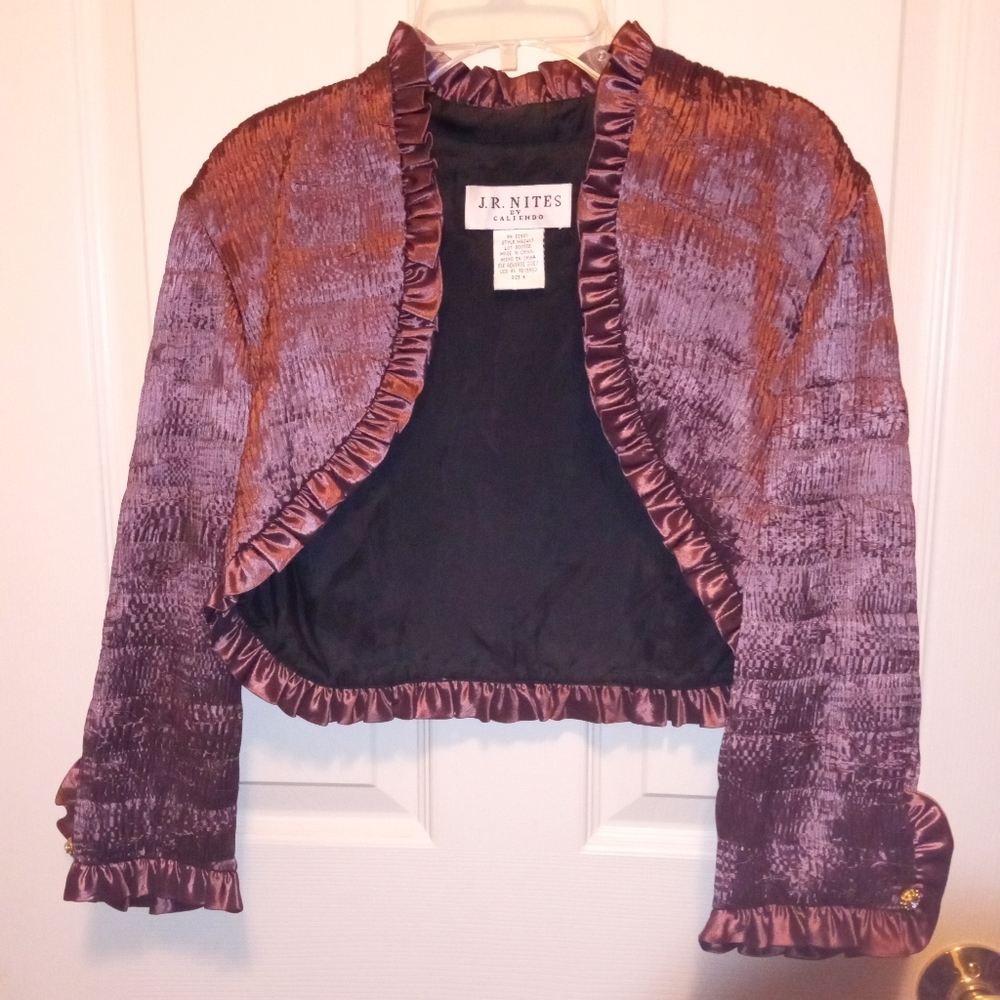 J.R Nites by Caliendo Satin Metallic Sheen Ruffle Edge Trim Shrug Bolero Evening